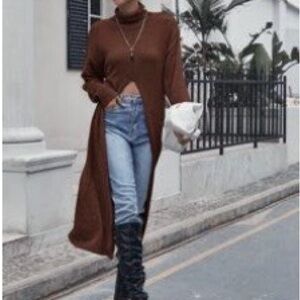 SHEIN Chocolate Knit Split Hem Longline Turtleneck Sweater